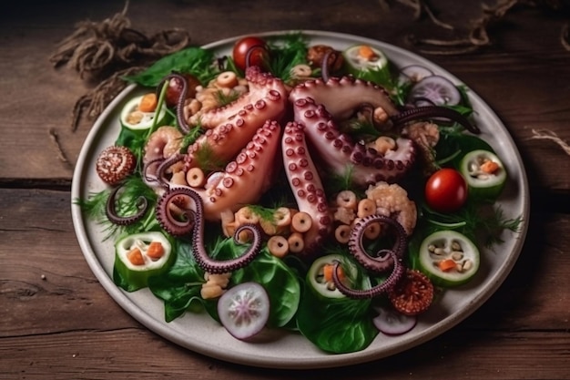 Salad with octopus Dark background Exquisite seafood dishes Generative AI