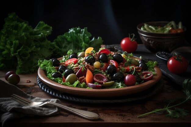 A salad with olives, tomatoes, cucumbers, and tomatoes on a wooden plate.