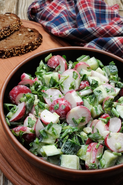 Salad with pieces of radish and cucumber herbs and green onions dressed  yogurt Vertically shot