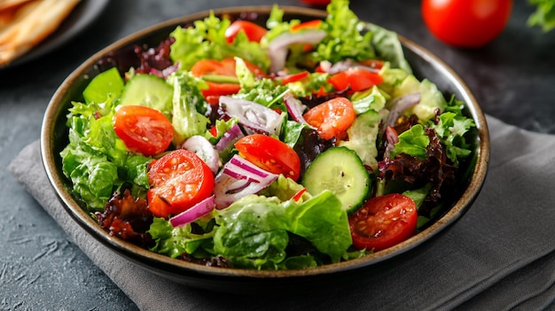 a salad with radishes tomatoes and cucumber