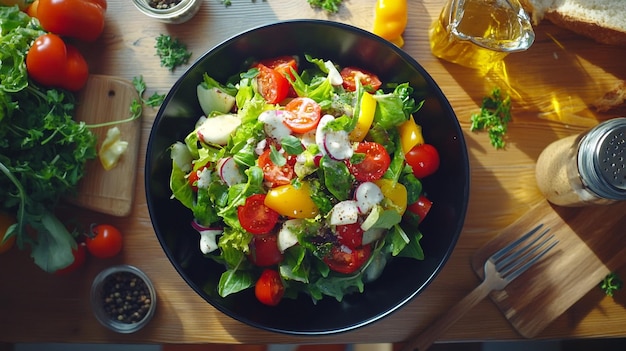 Photo a salad with a salad in a bowl with a bottle of lemonade