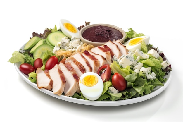 A salad with a salad of chicken, blueberry sauce, and a blueberry sauce.