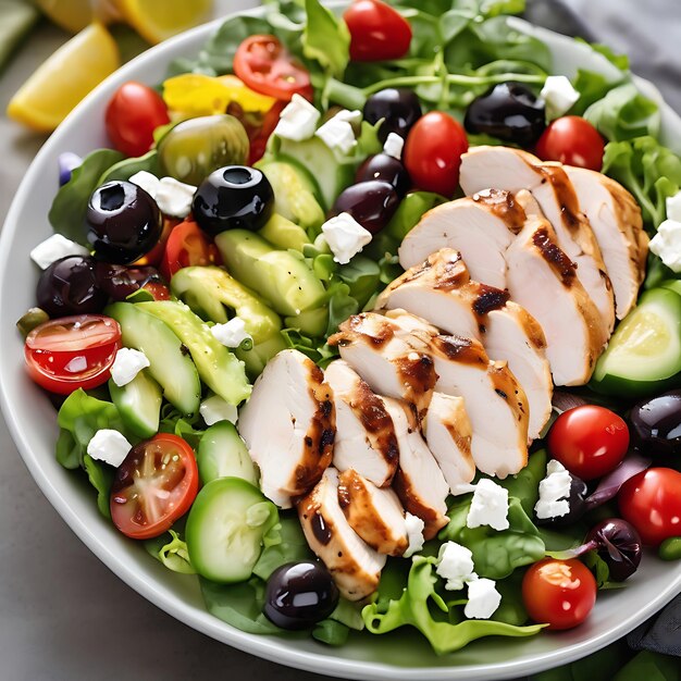 a salad with a salad of vegetables including a chicken breast tomatoes and olives