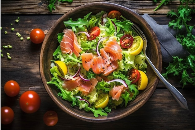 Salad with salmon arugula cherry tomatoes and lemon on wooden background