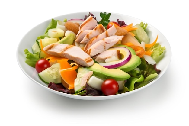 A salad with shrimps and avocado on a white background