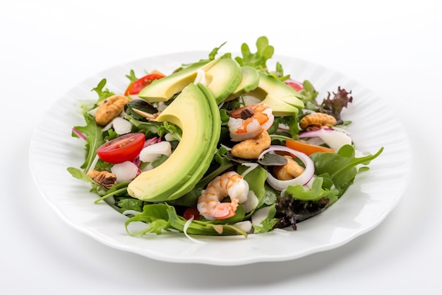 A salad with shrimps and avocado on a white background