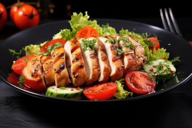 Salad with Sliced Chicken on a Black Plate