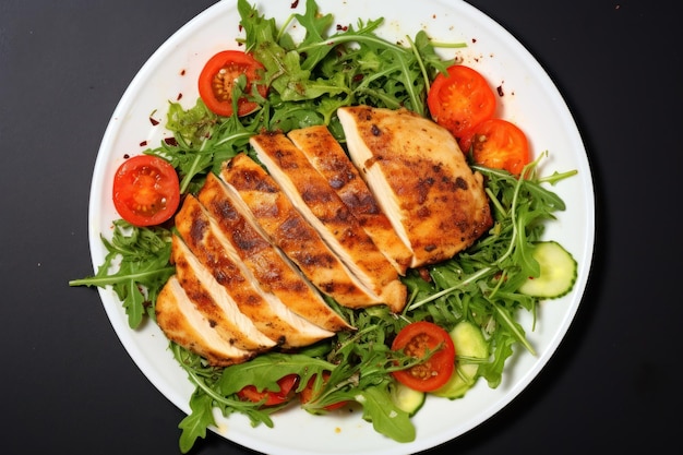 Salad with Sliced Chicken on a White Plate