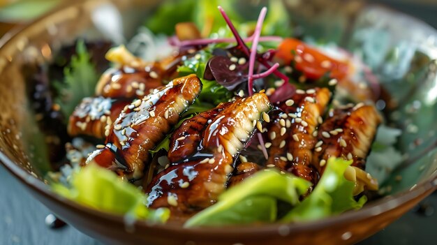 Photo salad with smoked eel with unagi sauce japanese food generative ai