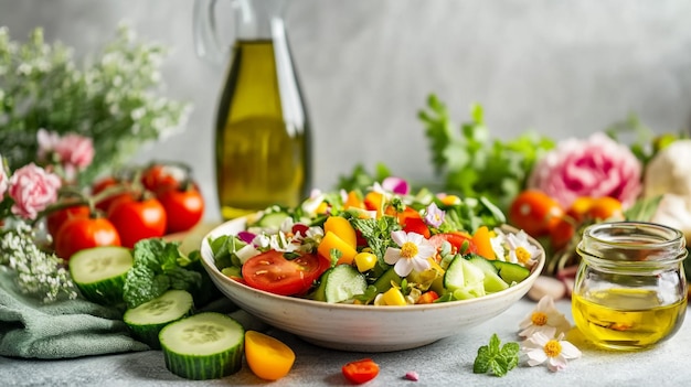 a salad with tomatoes cucumbers and tomatoes on a table