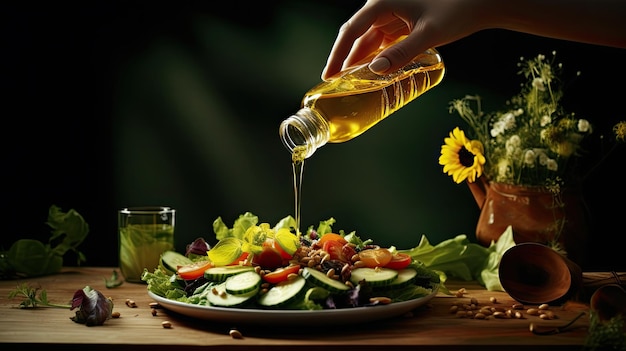 Salad on a wooden table is dressed with sunflower oil Studio light Copy space