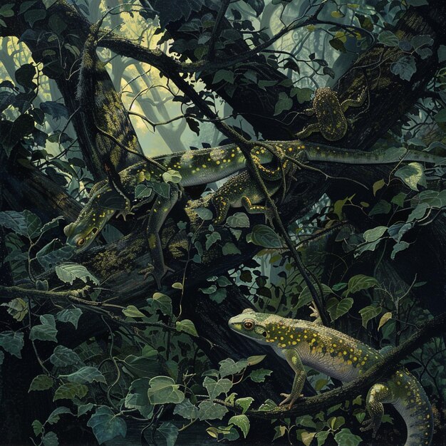 Photo salamanders migrating through dense undergrowth in a temperate forest