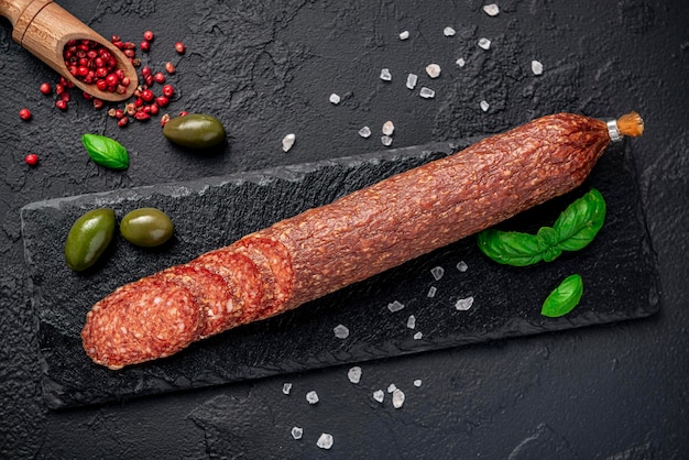 Salami Dried organic salami sausage or spanish chorizo