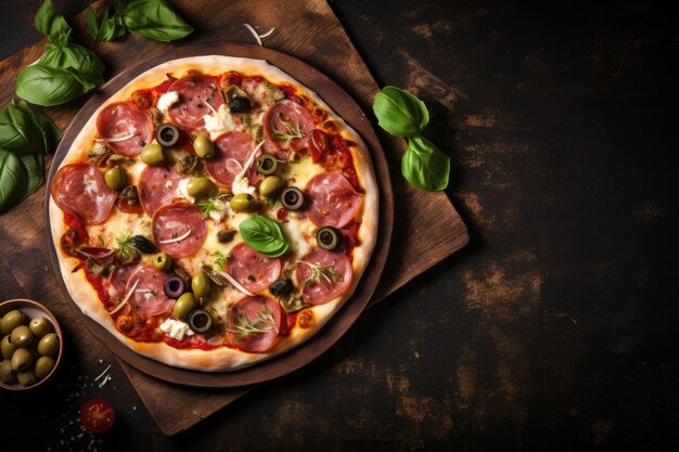 Salami mozzarella olives and basil on rustic pizza seen from above with room for text