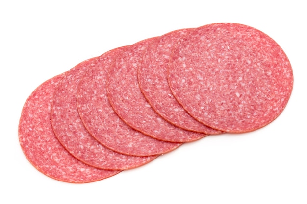 Salami slices isolated on the white background.