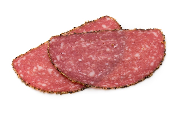 Salami slices isolated.