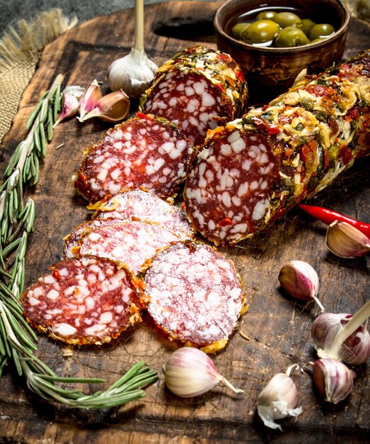 Salami with spices on a cutting board 