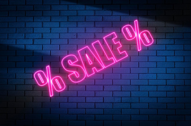 Sale background Neon pink inscription SALE on a dark brick wall Shopping sales concept