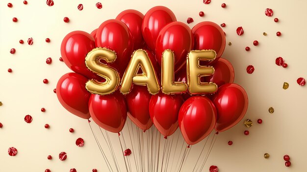 Photo sale balloons letters and red balloons on the back solid background retail discount promotions marke