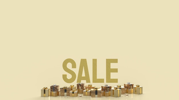 The sale gold text and gift box on  gold background 3d rendering