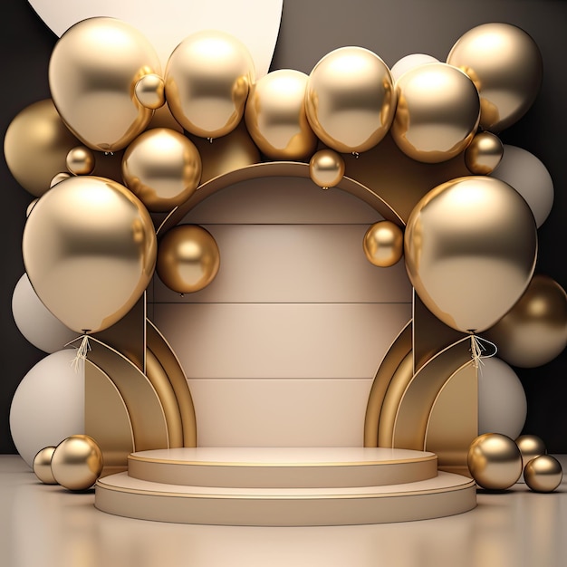 Sale gold and white balloons stage background design. Generative AI