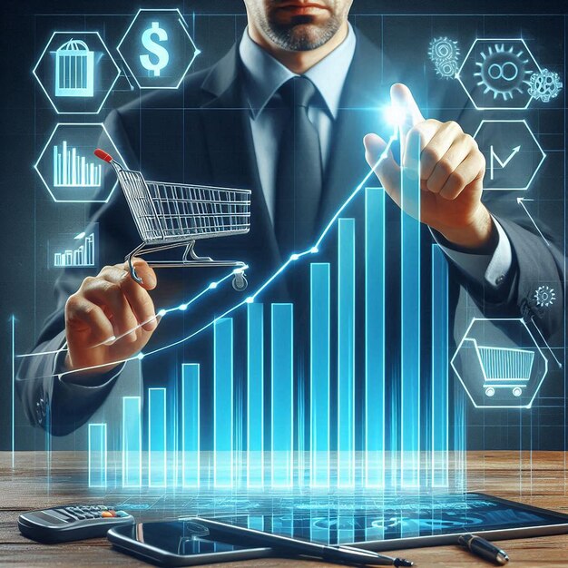 Sale growth concept With Business AI touching graph of increase in sales volume with shopping cart