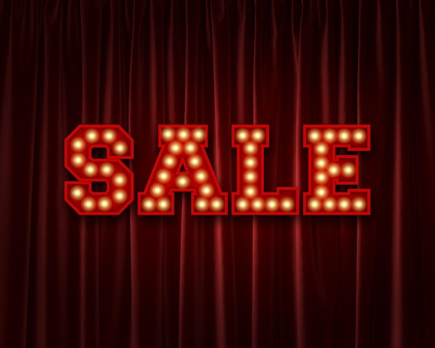 Sale lightbulb lettering word against a red theatre curtain 3D Rendering