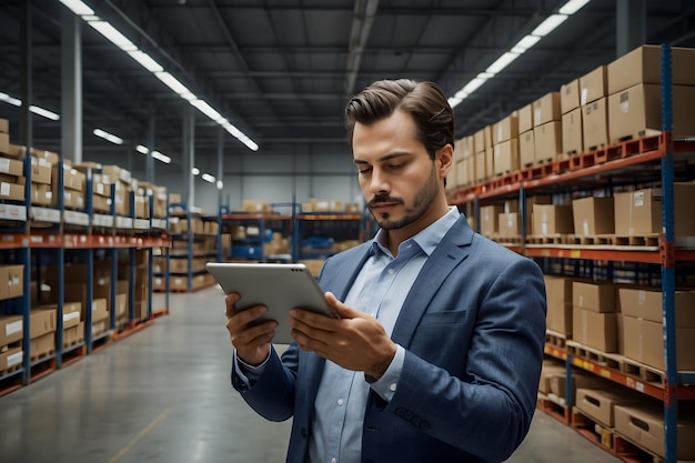 A sale man checking stocks with a tablet in a warehouse