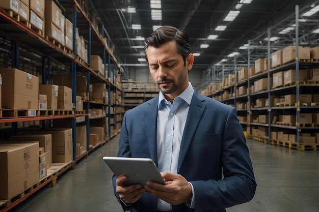 A sale man checking stocks with a tablet in a warehouse