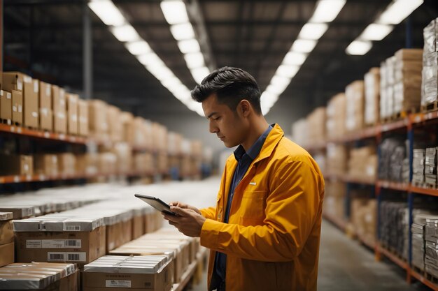 A sale man checking stocks with a tablet in a warehouse