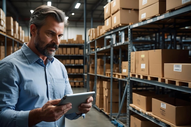 A sale man checking stocks with a tablet in a warehouse