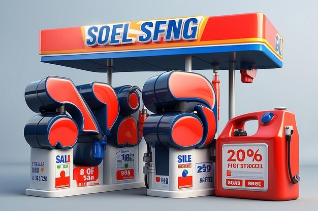 Photo sale poster for gas station with fuelling nozzel and oil canisters big percent sign and 3d typography