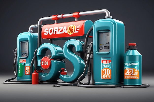 Photo sale poster for gas station with fuelling nozzel and oil canisters big percent sign and 3d typography