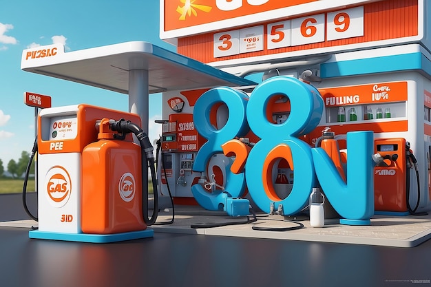 Photo sale poster for gas station with fuelling nozzel and oil canisters big percent sign and 3d typography