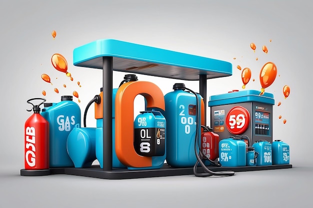 Sale Poster for gas station with fuelling nozzel and oil canisters big percent sign and 3d typography