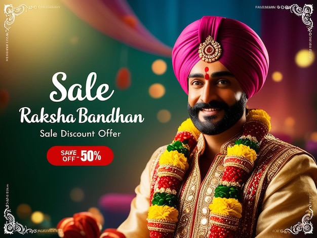 Photo a sale poster for sale with a man wearing a turban and a pink turban