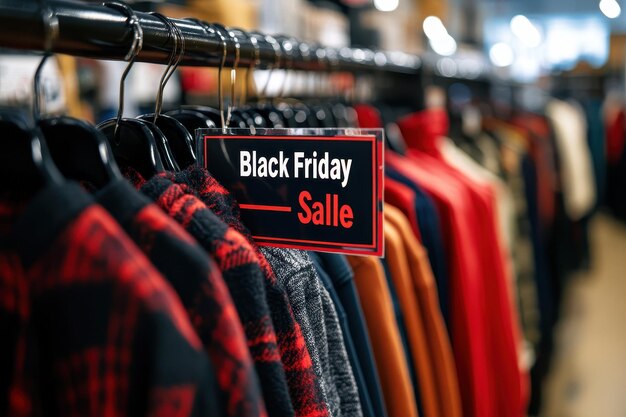 Photo sale posters in clothing store bright black friday sale posters hung throughout a clothing store