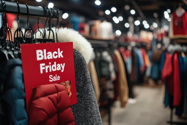 Photo sale posters in clothing store bright black friday sale posters hung throughout a clothing store