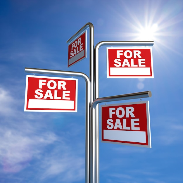 For Sale Real Estate Signs over Clouds and Blue Sky with Sun Rays 3d Rendering