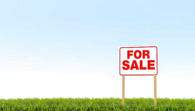 Photo for sale sign on the green grass new land empty land for sale isolated with white highlights