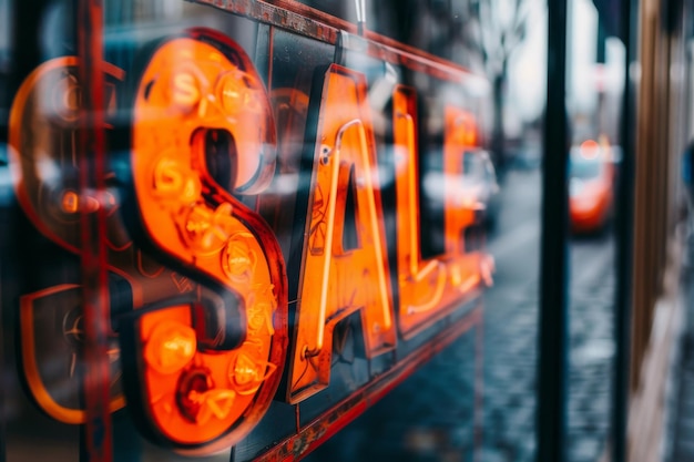 Sale sign on a shop window in a city