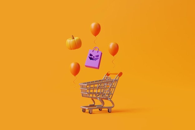 Sale with Jack o Lantern pumpkins shopping bag and balloons on orange background 3D render