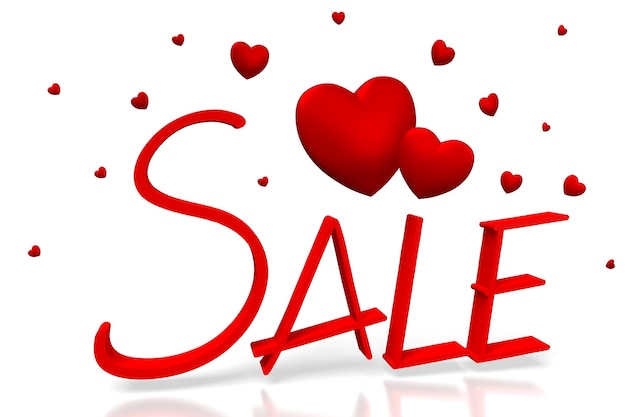 Sale word and red hearts on white background