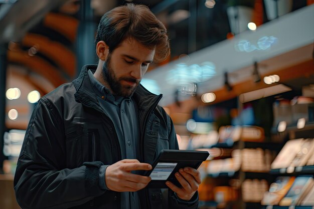 Sales Assistant Using a Credit Card Reader on a Digital Tablet