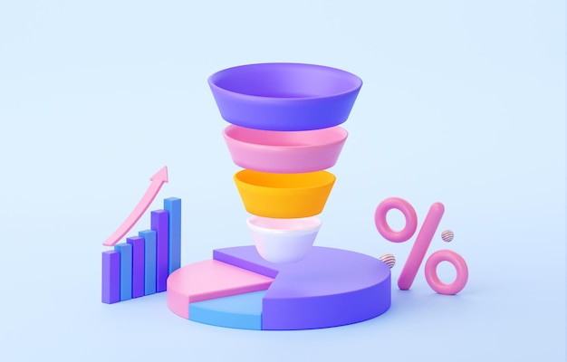 A sales funnel with a percentage and statistics Pie diagram with arrow to the top