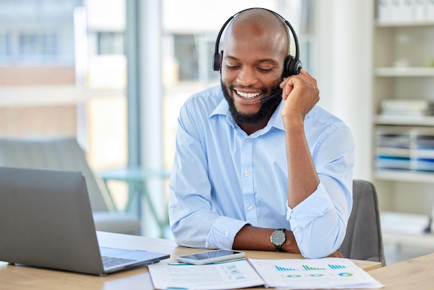 Sales man call center agent and customer service support operator advice help and talking communication loan in office African young and smile consultant crm telemarketing and contact us working