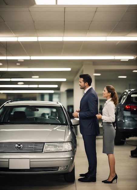 Salesman and Saleswoman Talking at Dealership