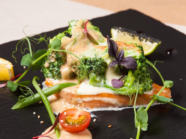 Salmon baked with broccoli with cream sauce on a black stone plate