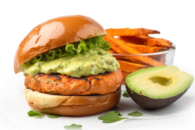 A salmon burger with avocado and avocado chips