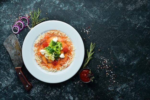 Salmon carpaccio with red caviar Top view Free space for your text